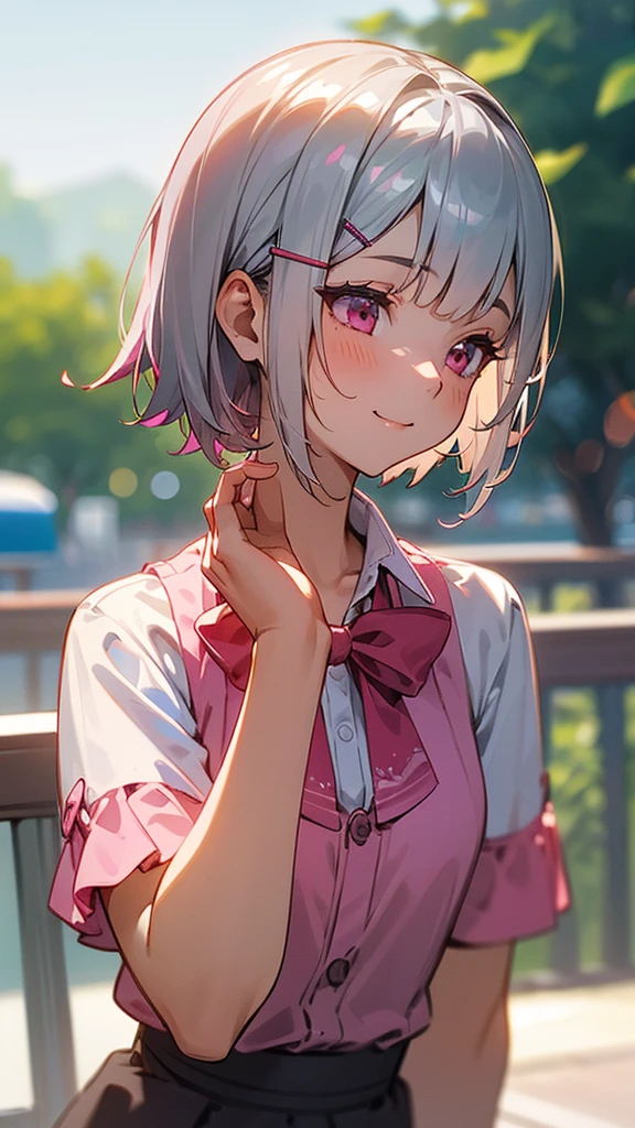 1 girl、8k、Sharp focus、(Bokeh) (Highest quality) (Detailed skin:1.3) (Intricate details) (anime)、Short silver bob hair held together with a hair clip, Pink Eyes、smile、Blouse shirt with ethnic patterns and primary colors、profile、Upper body close-up、Morning Cafe Terrace、Background Blur, Written boundary depth
