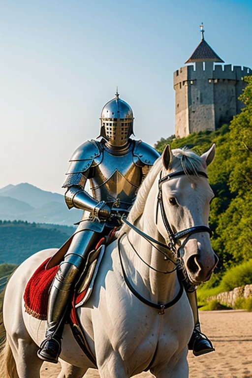 Create a knight in armor in full armor on a white horse against the backdrop of a fortress in the rays of the rising sun