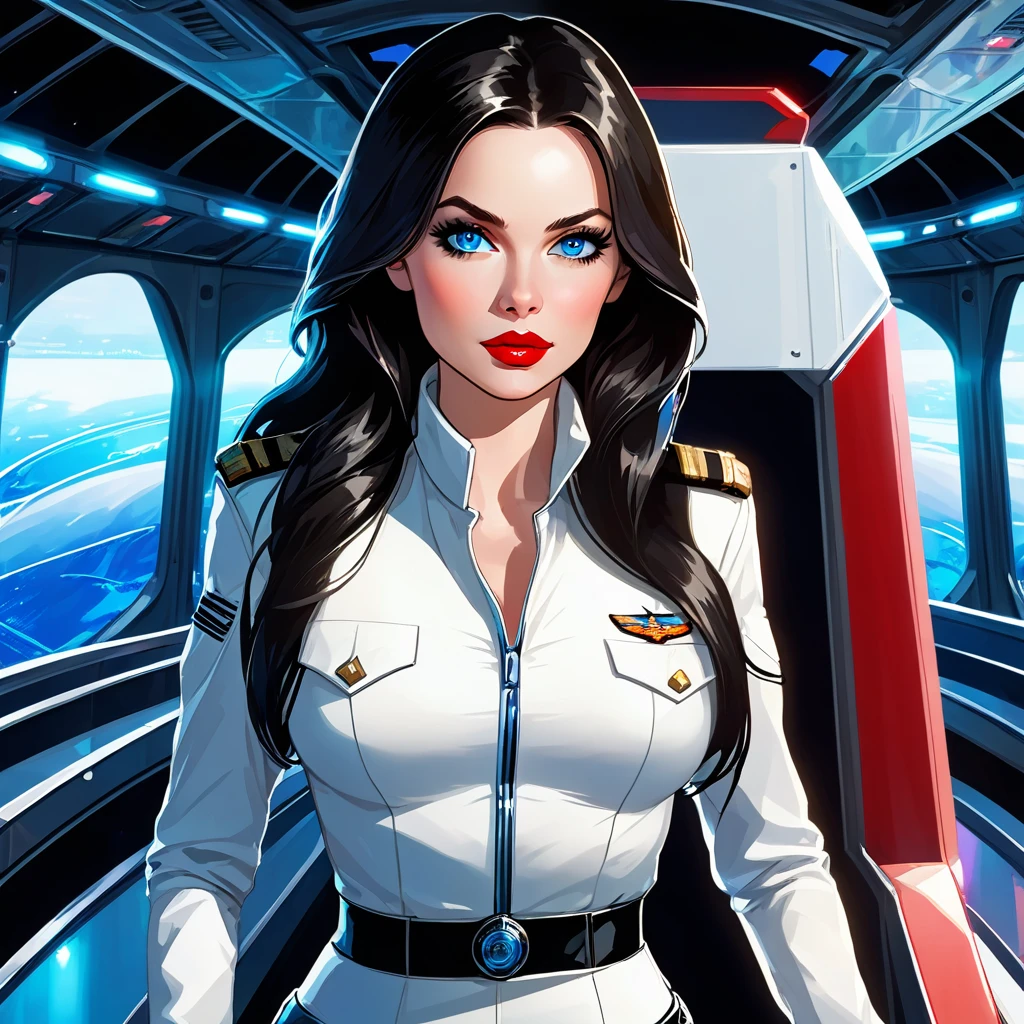 (High Definition) defined face, hologram of a beautiful woman, big bust, crossing arms, long dark hair and blue eyes, pale red lips, wearing sexy tight white military officer outfit with miniskirt, standing in the middle of the bridge of a spaceship.