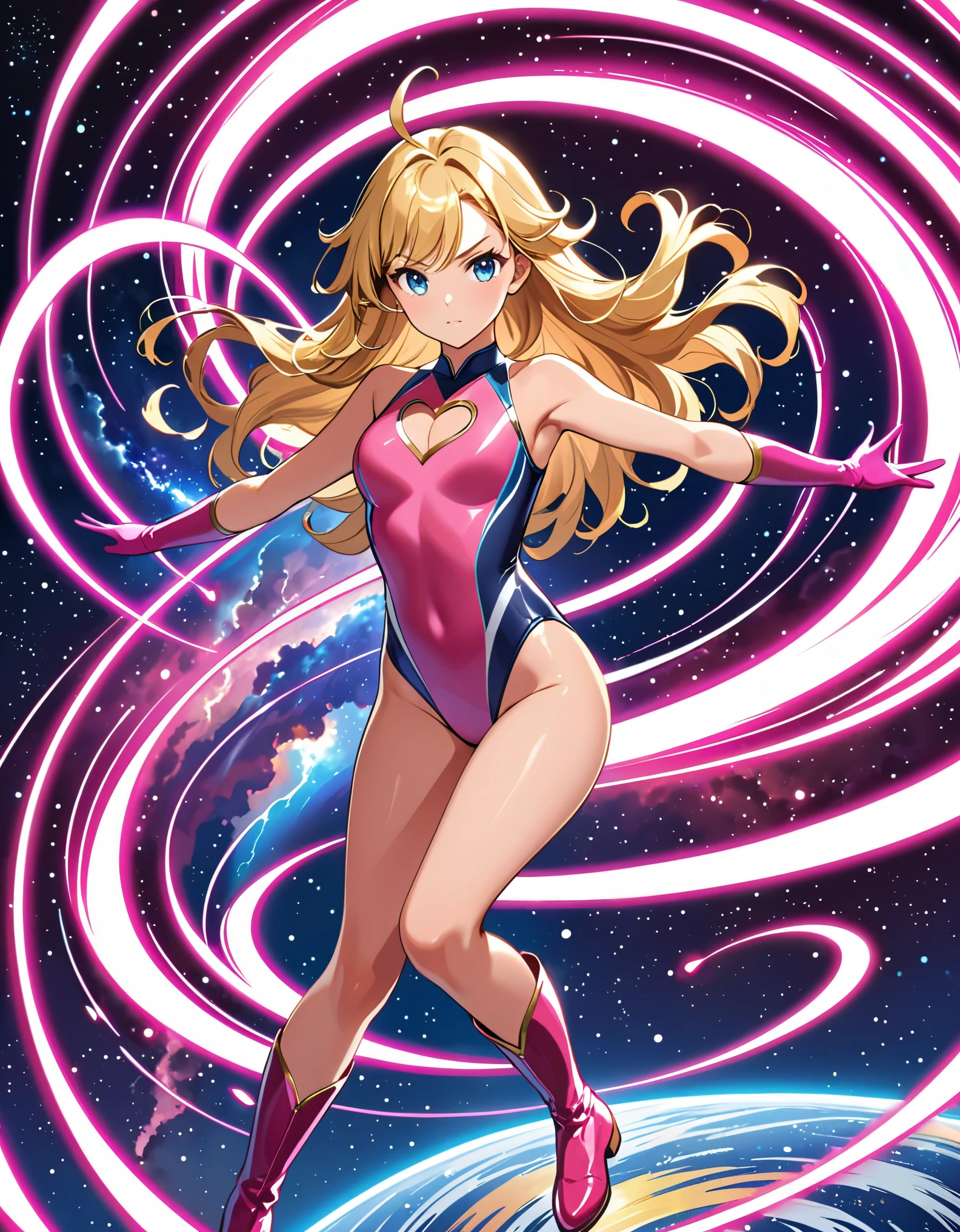 (masterpiece), (best quality), (high res), 1girl, solo, solo focus, superhero, gymnast leotard, competition swimsuit, bare legs, matching boots, sleeveless, looking at viewer, perfect hands, perfect eyes, perfect leotard, perfect legs, perfect arms, perfect fingers, medium breasts, pink leotard, (blonde hair), long hair, knee boots, blue eyes, ((heart cutout)), cute face, hair down, bangs, ahoge, sleeveless, pink gloves, pink footwear, (cleavage cutout, serious, full body with costume, cowboy shot, space backdrop. (T-pose, legs together). (spins fast in place like a tornado, whirls fast in place like a tornado, tornado whirling, spiral lines around her, spinning energy pulse around her, storm winds around her, whirls into a tornado, (she whirls) in (super speeds)). full body costume design. curved sword slash. she super-spins. time travel, time warp.