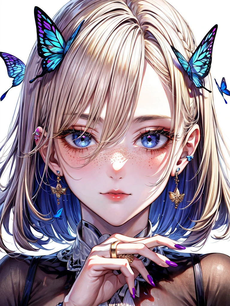 a pretty woman with beautiful makeup and flowers on her head. She is wearing a beautiful white tulle dress. Butterflies fly around them. A butterfly sits on her finger. She looks at the viewer. 1girl, bug, solo, butterfly, flower, portrait, looking at viewer, parted lips, lips. purple eyeshadow. black eyeline. white flowers. purple butterflies. white french nails. ring. earrings. ear piercings. pale colors. (closed mouth). adult female. delicate face. long curly gold blonde hair. brown skin. some soft freckles. blue eyes. long black eyeleashes. fashion magazine cover.sharp focus, perfect hands, perfect light