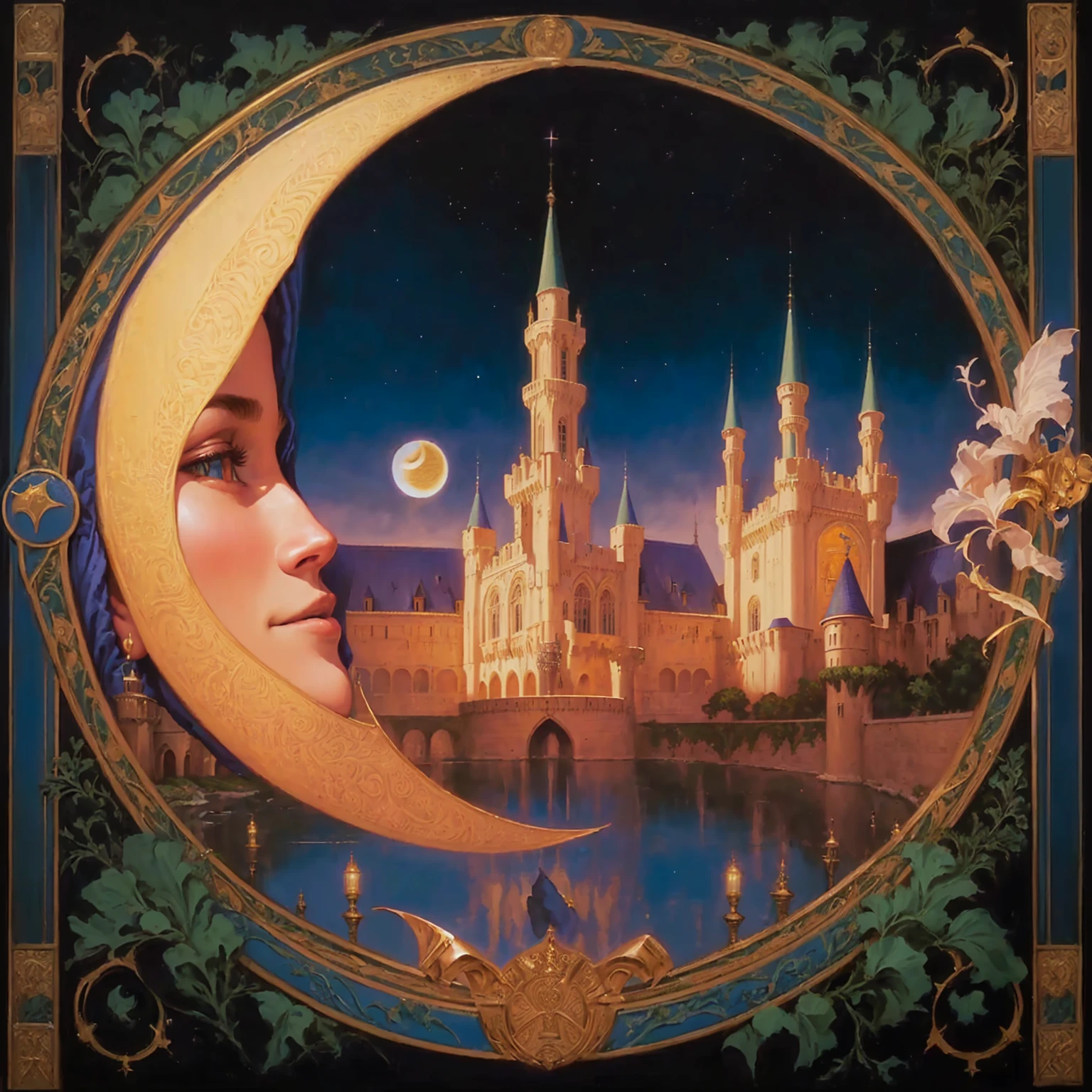 painting of a crescent with a face in front of a castle, inspired by James C.. Christensen, realist kinematics, : : florida, greg hildebrandt very detailed, by the Hildebrandt brothers, Lt. Tomek Setowski, Annie Stegg Gerard, Chris Moore”, by Tim Hildebrandt, dreamscape painting