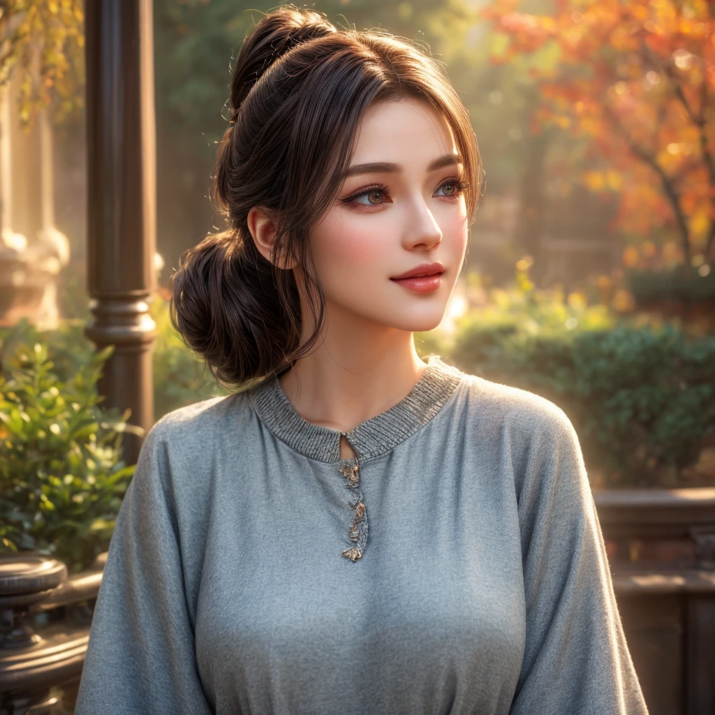 beautiful young woman in casual outfit, medium length ponytail hair, detailed face with alluring eyes and full lips, large bust, wearing t-shirt and denim jacket, outdoor date setting with soft lighting and warm colors, (best quality, 4k, 8k, highres, masterpiece:1.2), ultra-detailed, (realistic, photorealistic, photo-realistic:1.37), cinematic, beautiful detailed eyes, beautiful detailed lips, extremely detailed face and eyes, long eyelashes, intricate clothing textures, elegant posing, warm smile, romantic atmosphere