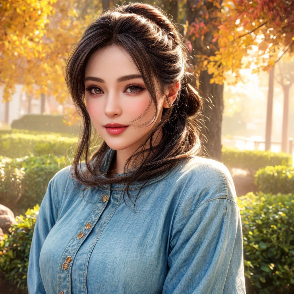 beautiful young woman in casual outfit, medium length ponytail hair, detailed face with alluring eyes and full lips, large bust, wearing t-shirt and denim jacket, outdoor date setting with soft lighting and warm colors, (best quality, 4k, 8k, highres, masterpiece:1.2), ultra-detailed, (realistic, photorealistic, photo-realistic:1.37), cinematic, beautiful detailed eyes, beautiful detailed lips, extremely detailed face and eyes, long eyelashes, intricate clothing textures, elegant posing, warm smile, romantic atmosphere