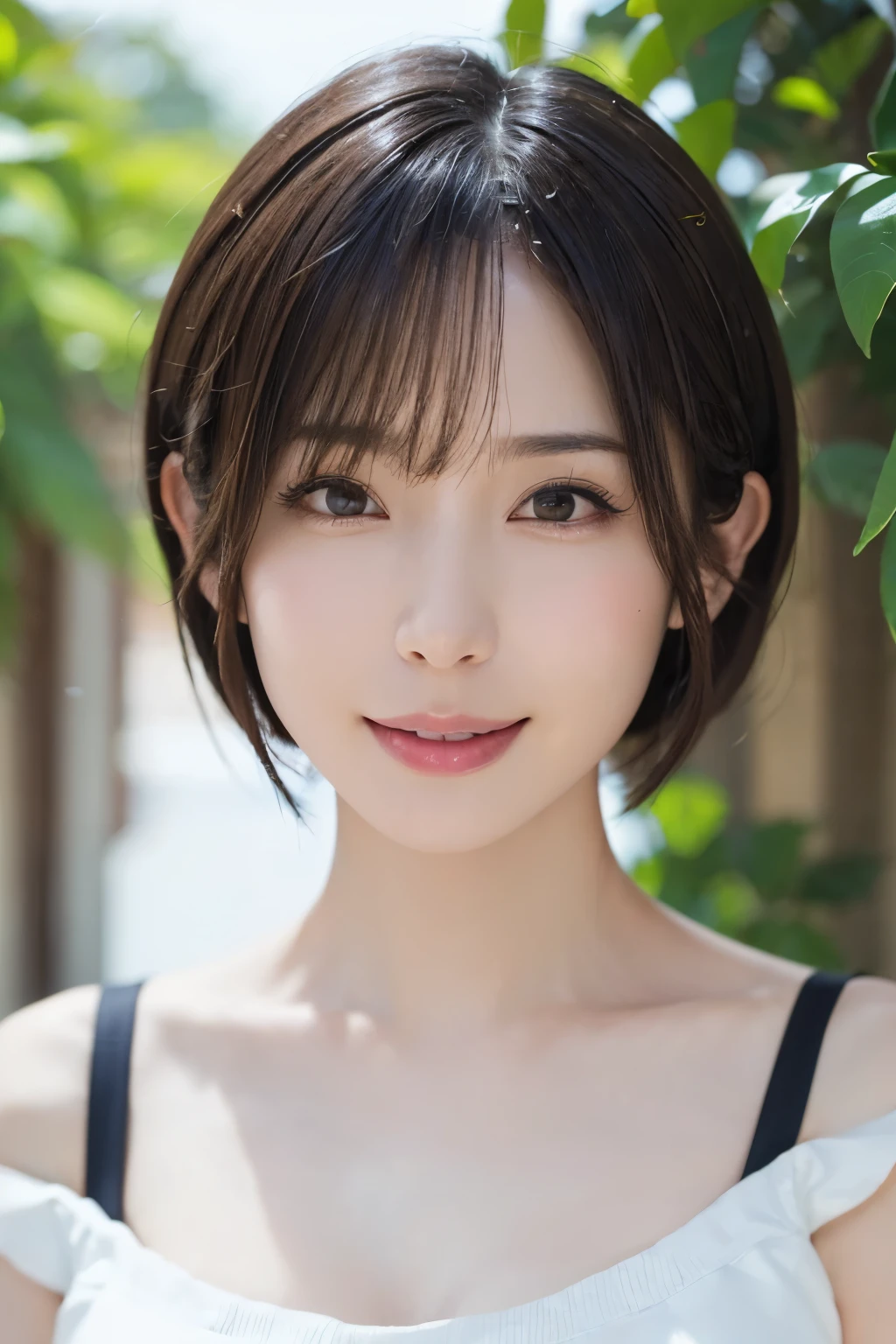 Highest quality, masterpiece, (Realistic: 1.4), One Woman, Golden Ratio, Perfect Face, Beautiful appearance, Pretty face, Face close-up, Short Bob, short hair, smile from Different Angles, smile, Gloss, highlight, Glossy on Skin, Glossy on Skin, Wet Skin, Wet, bangs, Cute smile, bust, Off the shoulder, Refreshing charm, Full of elegance, smile from perfect hand angle, smile, Gloss, highlight, Glossy skin, bangs, bust, big, 暖かいOff the shoulder, Refreshing charm, Ear sweep, Looking into the camera, Pose from different angles, {huge|big|hugeな|Mega} chest, chestの谷間