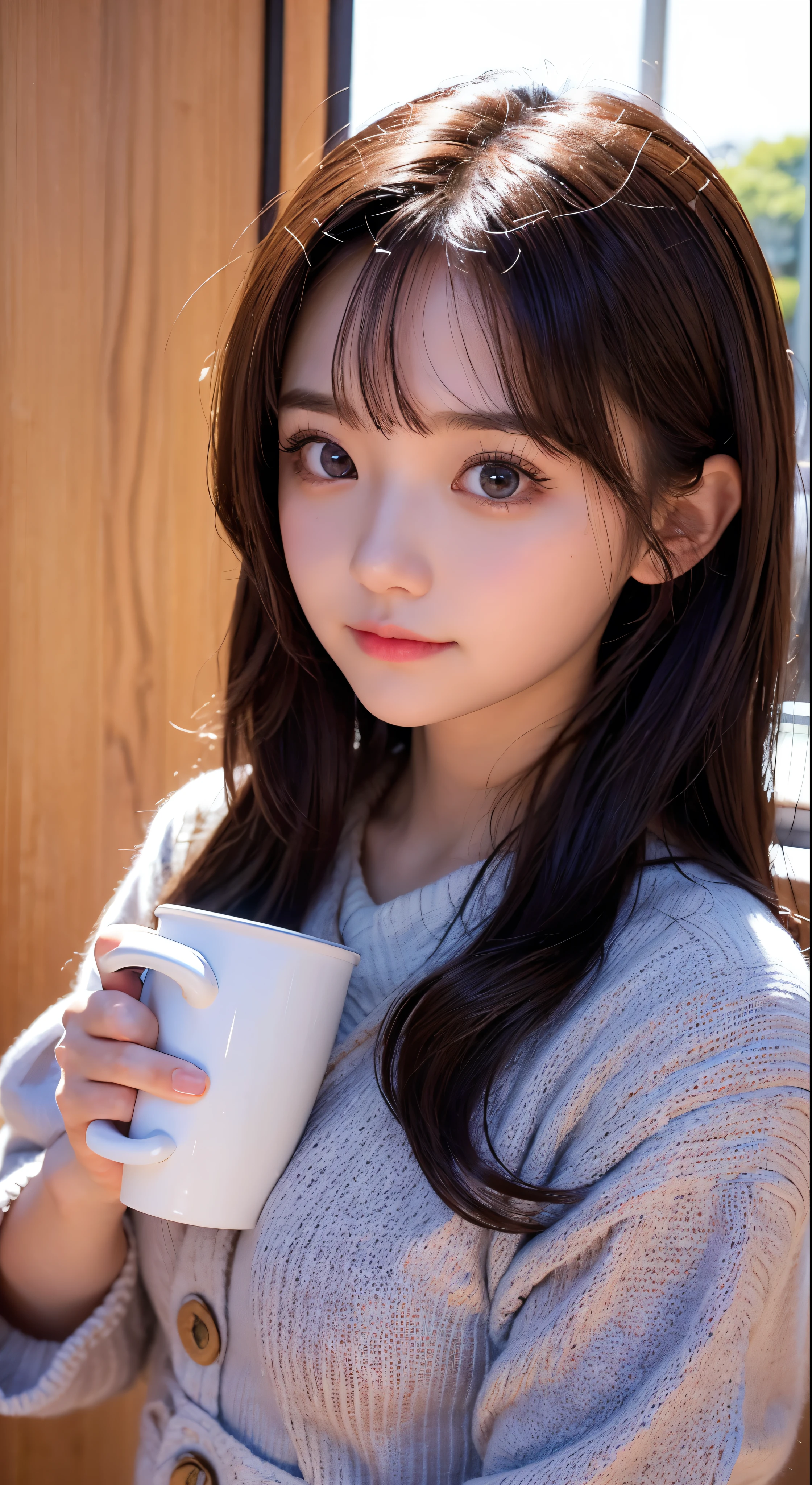 there is a young girl holding a cup of coffee in her hand, girl cute-fine-face, cute natural anime face, with cute - fine - face, sakimi chan, Chiho, Yoshitomo Nara, young cute face, beautiful japanese girls face, brown hair and large eyes, cute kawaii girl, beautiful light big eyes