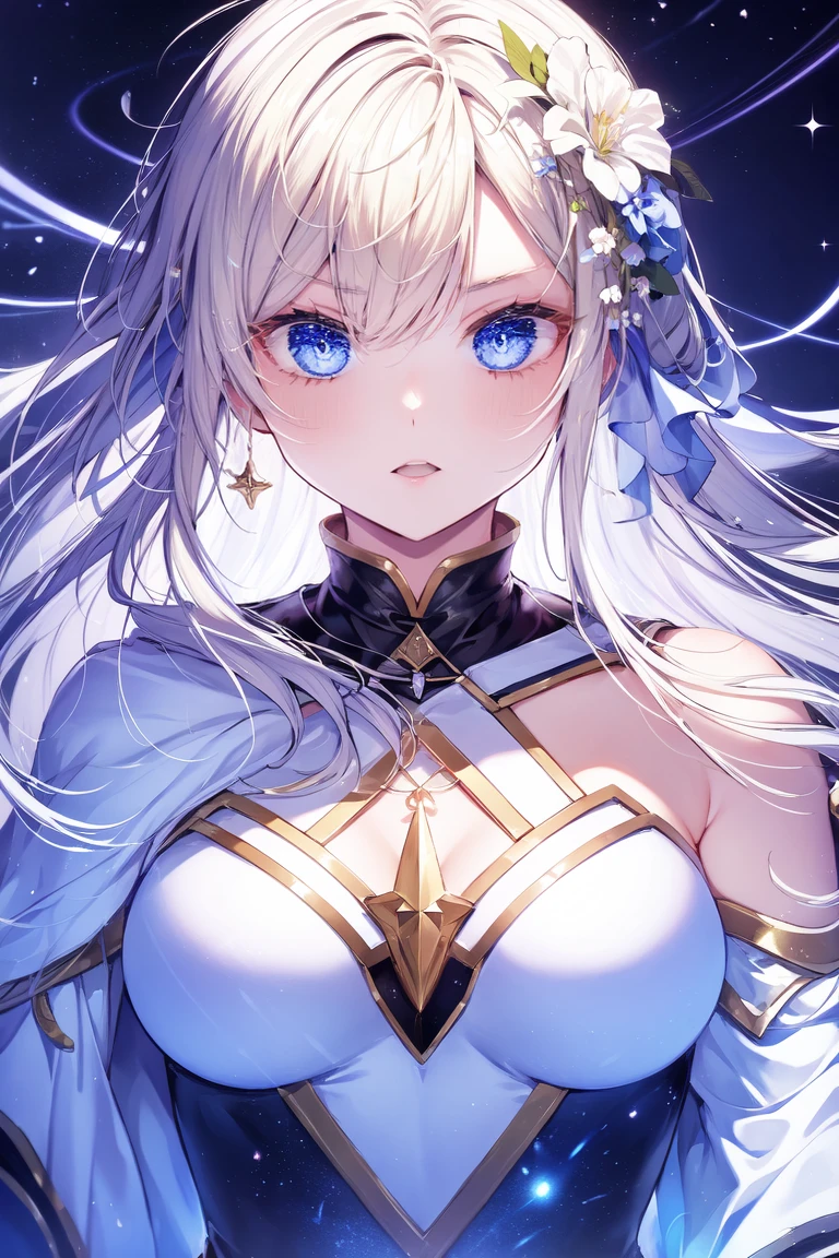 (masterpiece, Top quality, best quality, Official Art, beautiful and aesthetic:1.2), (1 Girl), Extremely detailed eyes, (Fractal Art:1.3), rich and colorful, The most detailed, (Perfect face), Glowing skin, HDR, (white cloak golden lines:1.2), galaxy, (Light stripes), Eye-Catching Visuals, (Dynamic Stripes, Luminous trails:1.2), Vibrant colors