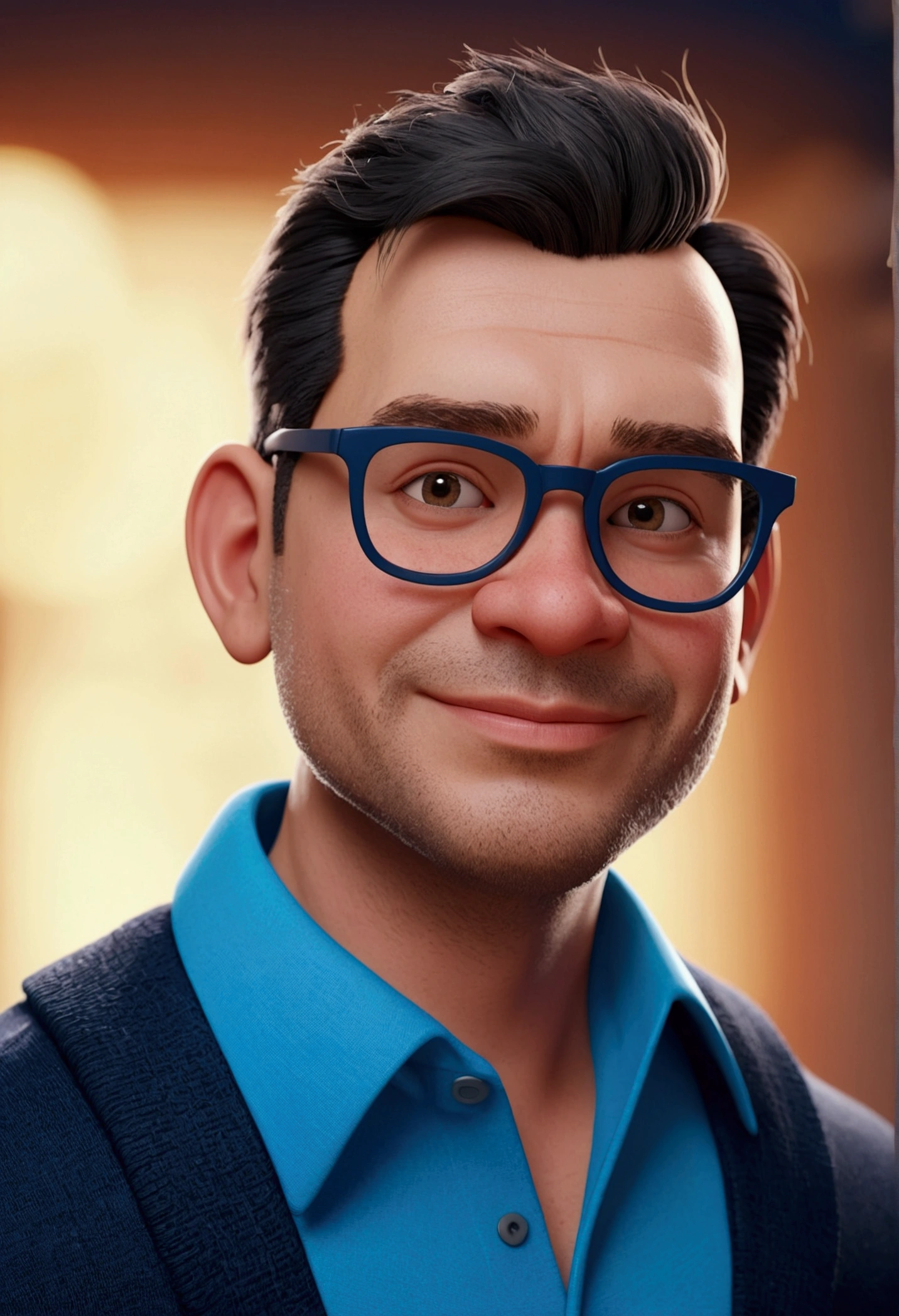 Cartoon character of a man in black glasses and blue shirt, animation character, stylized character, animation style rendering, 3d stylized, Arnold Maya rendering, Stylized 3D rendering, toon render screenshot, 3d character, 3d character, Stylized 3D rendering, 3D character rendering, cartoon character, Personagem de close up, character posing, (Pixar-style) (master part:1.2) (bokeh) (best qualityer) (skin detailed) (detailed texture) (8k) (Argilla) (cinematic lighting) (sharp focus