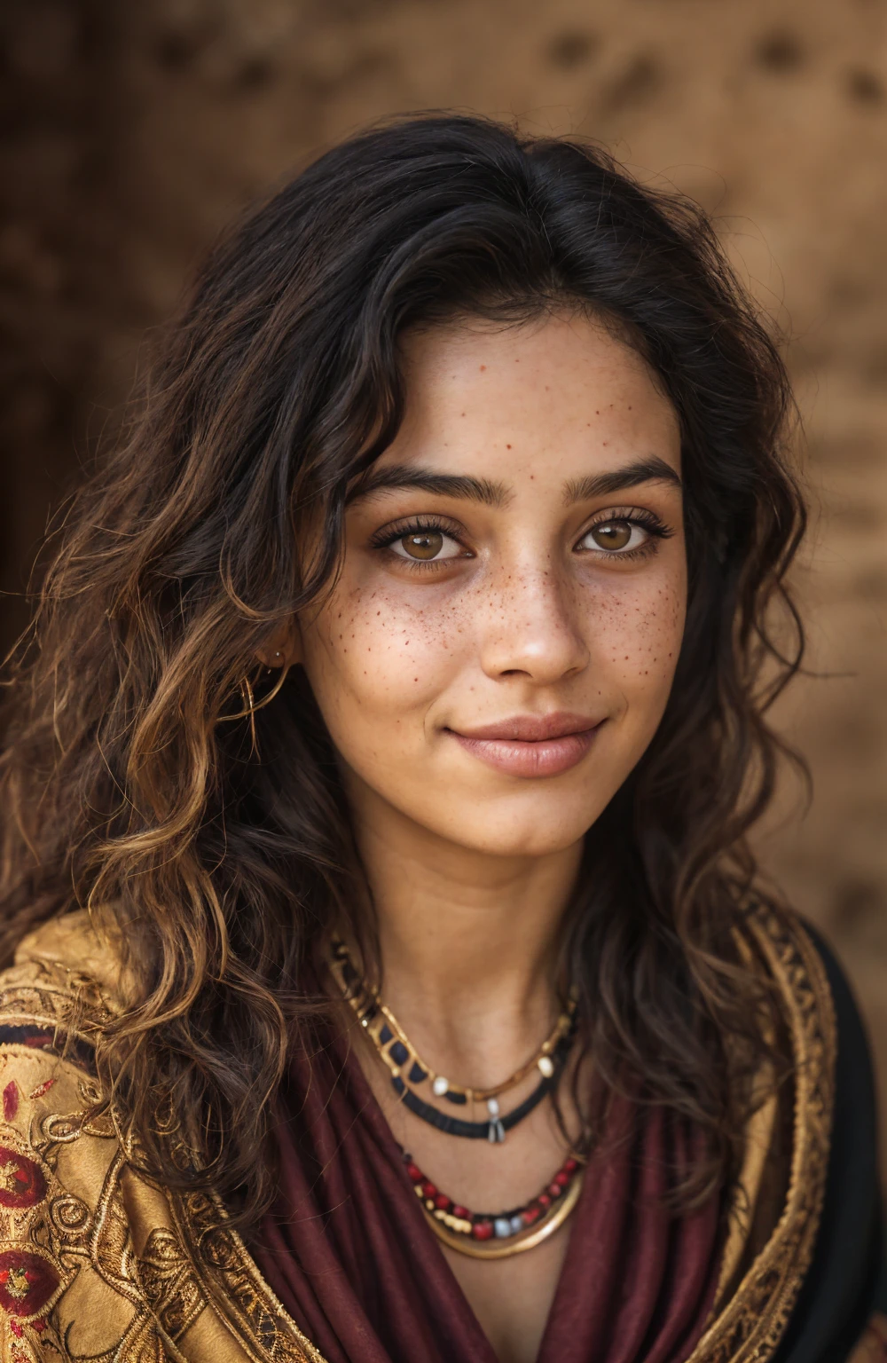 (Close-up, editorial photograph of a 21 year old woman), (highly detailed face:1.4) (smile:0.7) (background inside dark, moody, private study:1.3) POV, by lee jeffries, nikon d850, film stock photograph ,4 kodak portra 400 ,camera f1.6 lens ,rich colors, hyper realistic ,lifelike texture, dramatic lighting , cinestill 800, wavy hair, messy hair, curls, Mischievous smirk, Black hair, freckles, Brown Eyes, jewels, necklace, Arabic Cloak, Arabic Scarf, Astral Plane, Black Round Sunglasses, Sun, Sand, Desert, Arabian expressions, Egyptian woman, Arabian skin, Golden Aura, shadow queen