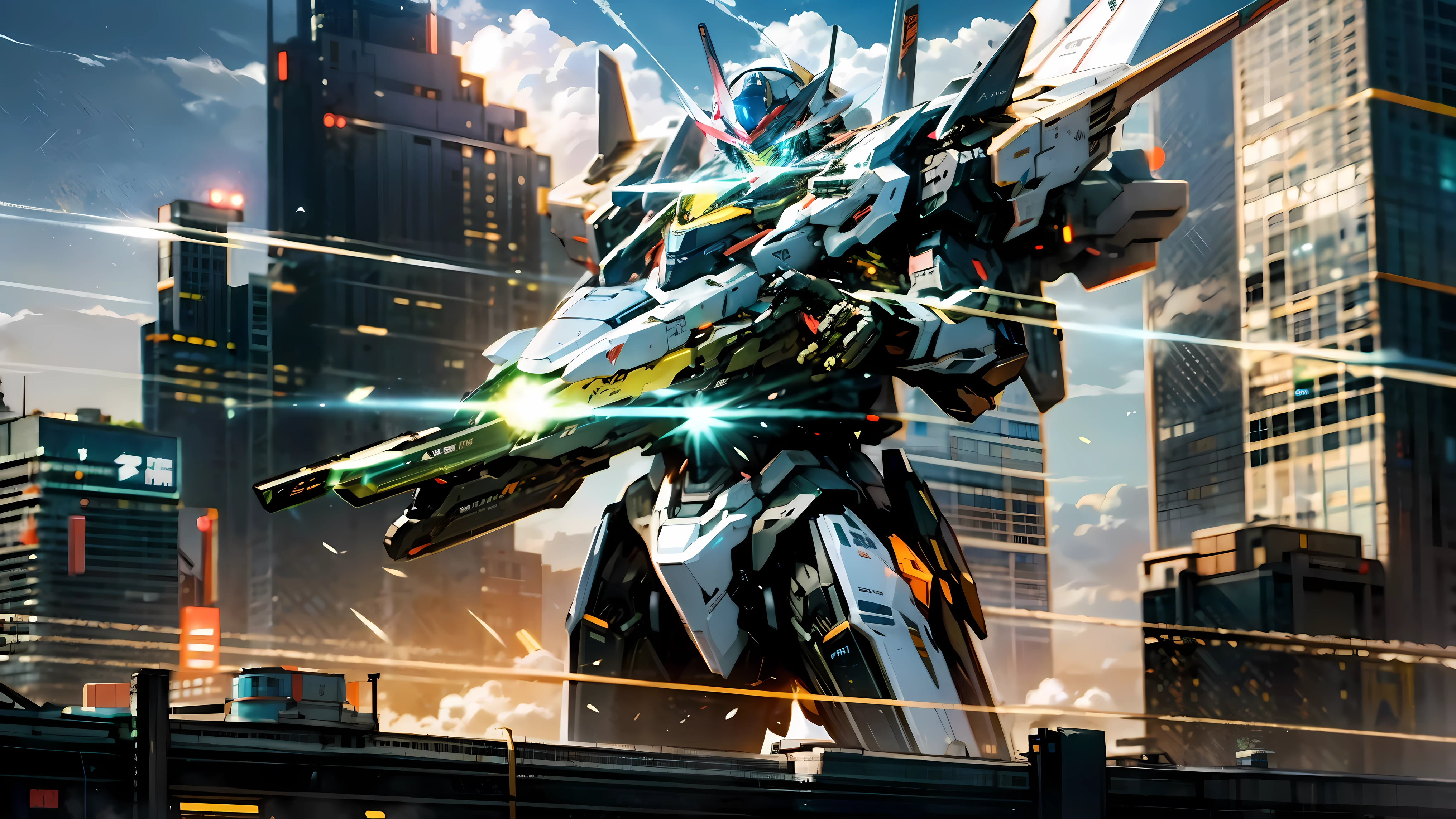 sky, cloud, Holding_weapon, number_human, glow, , robot, building, glow_eyes, Mecha, science_novel, city, realistic,Mecha