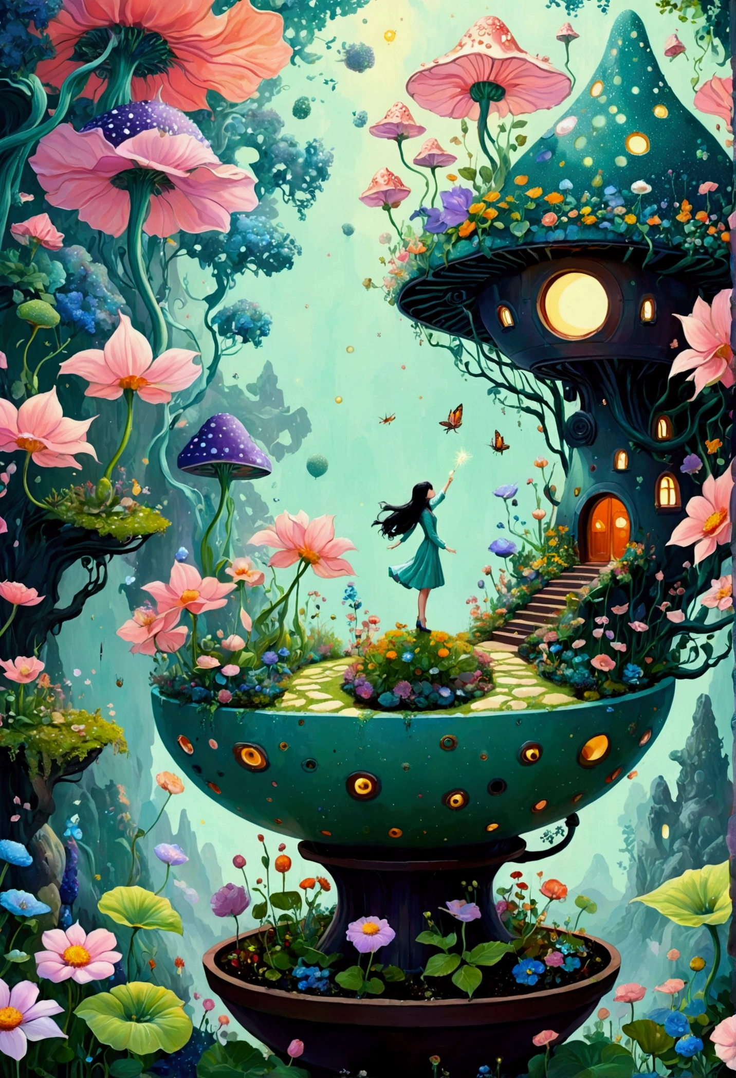 A painting,Pastel Painting,Artists from the stars,Psychedelic Art,Pointillism method,有A painting,There is a fairy in a flower pot in the painting, Whimsical fantasy landscape art, A beautiful artistic illustration, Fantasticism, Color illustrations, very surreal garden, lush garden spaceship, Shin Jin Hye Art, bloom. alta fantasia, author:Toth Wu, Affable , Wenjun Lin, Surrealism, dreamy painting of coronavirus
