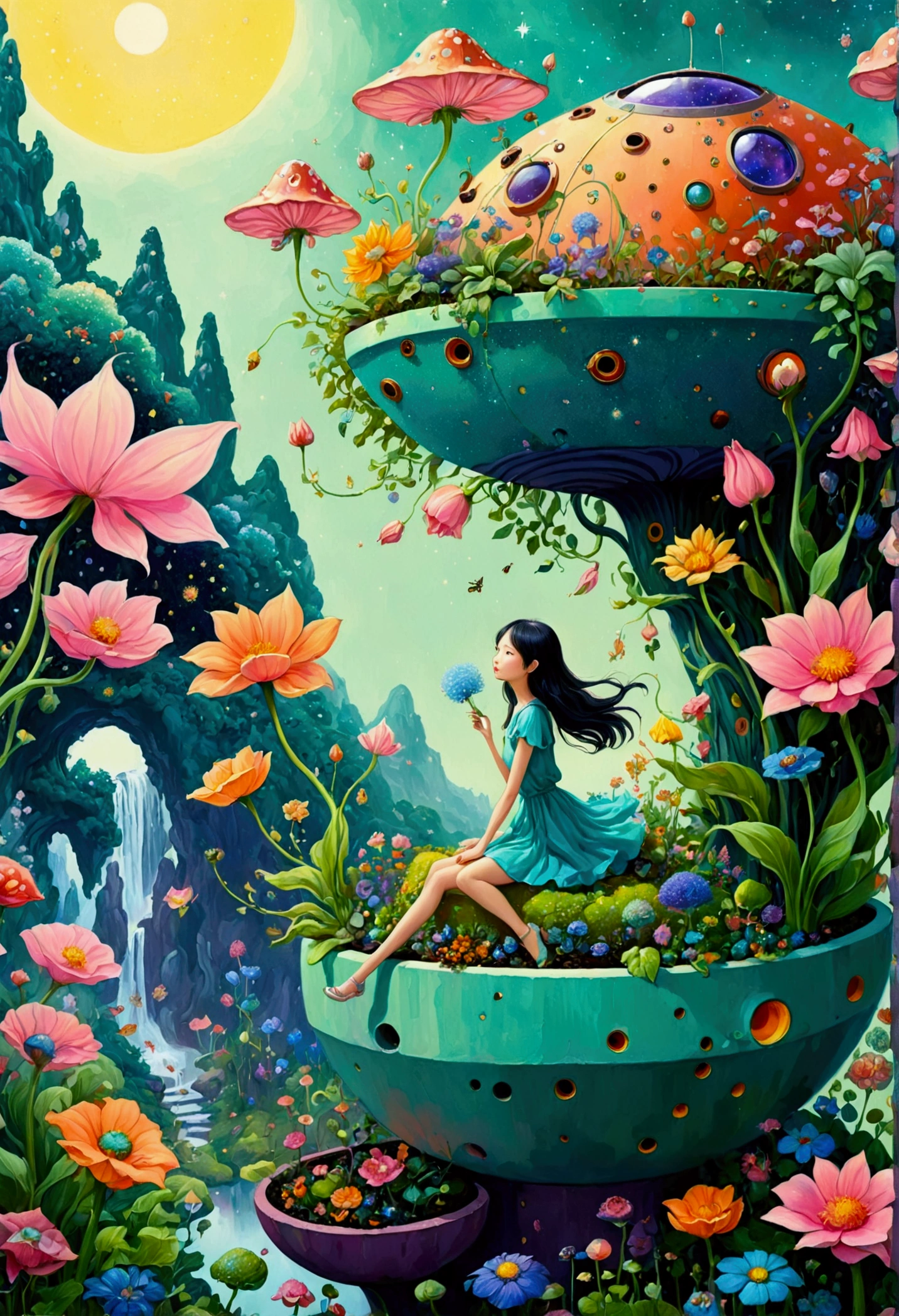 A painting，Pastel Painting，Artists from the stars，Psychedelic Art，Pointillism method，有A painting，There is a fairy in a flower pot in the painting, Whimsical fantasy landscape art, A beautiful artistic illustration, Fantasticism, Color illustrations, very surreal garden, lush garden spaceship, Shin Jin Hye Art, bloom. alta fantasia, author：Toth Wu, Affable ， Wenjun Lin, Surrealism, dreamy painting of coronavirus