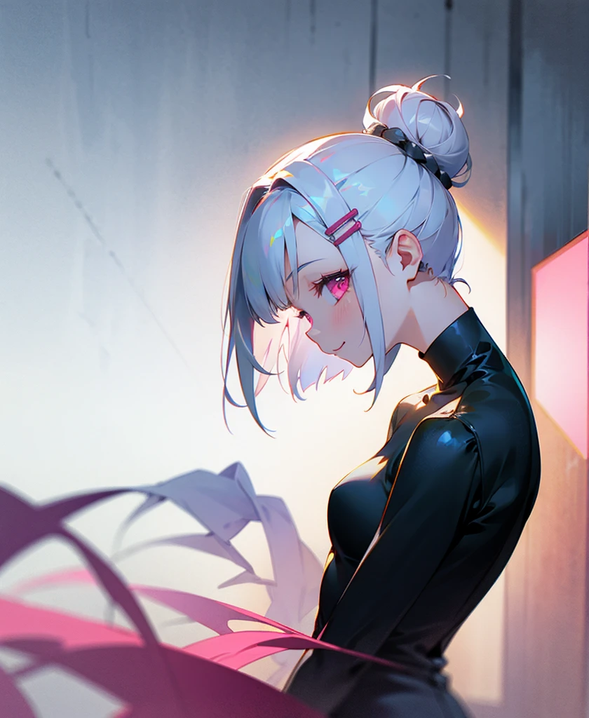 with one girl、Short silver bob hair tied into a bun with a hair clip、pink eyes、smile、From the side、Wear a rider's jacket、Colors based on red and green, upper body, facing towards camera