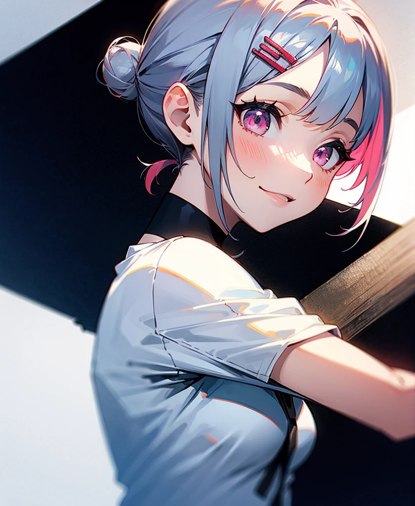 With one girl、Short silver bob hair tied in a bun with a hair clip、Pink Eyes、smile、From the side、wear a rider'Jacket、Colors based on red and green