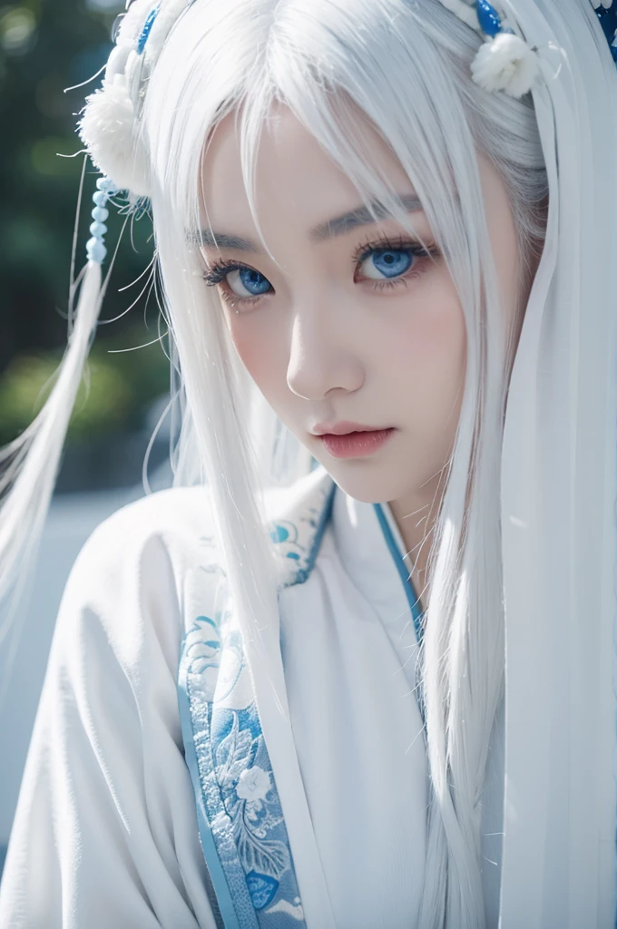 Blue Eyes,White hair,White Chinese style clothes