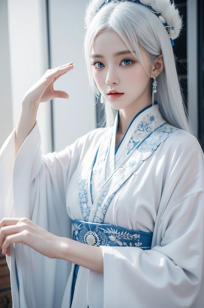 Blue Eyes,White hair,White Chinese style clothes