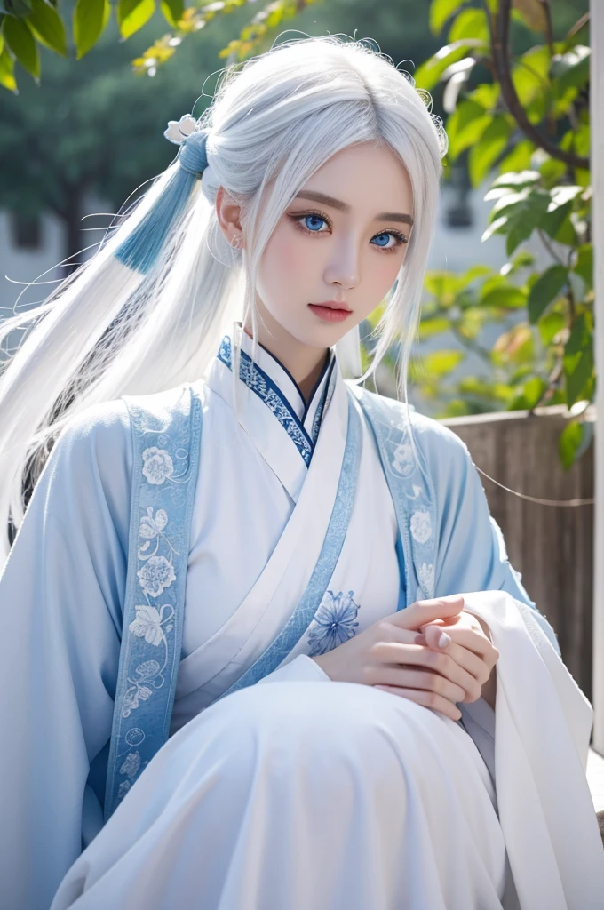 Blue Eyes,White hair,White Chinese style clothes