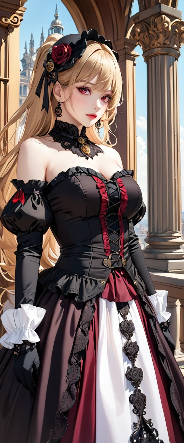 woman wearing dress and boots , baroque dress, wearing a detailed steampunk dress, elegant gothic princess, victorian gothic lolita fashion, historical baroque dress dark, black gothic lolita dress, fantasy style clothing, rococo dress, black rococo, fantasy costume, wearing a gothic dress, romantic dress, gothic dress,blonde,,(((upper body portrait))),red eyes,city,big breasts