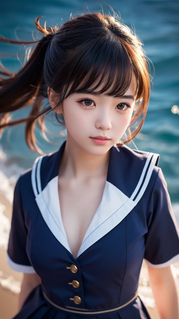 High resolution, Sailor suit、Hide your chest、Cheeky face, Portraits, Abstract, Cinematic Lighting Effects, Xavier-like hairstyle、