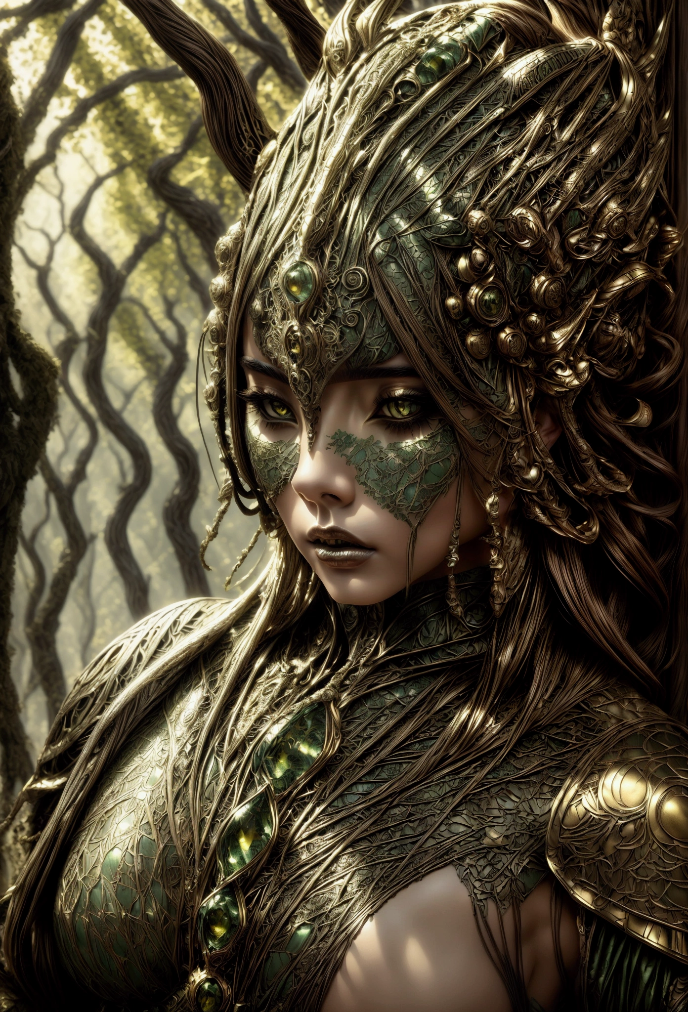 Epic Fantasy Makeglow Earthy tones with intricate, mythical designs. Use golds, greens, and browns with elaborate, almost armor-like face decorations to mimic fantasy warriors and creatures.