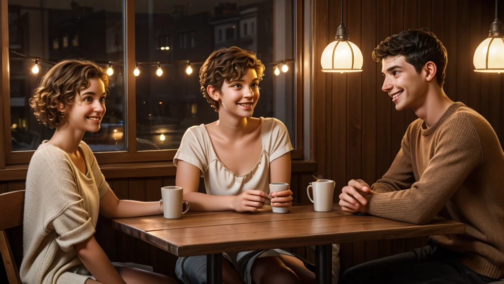 Illustrate a cozy cafe interior at night, with rain softly tapping on the window. Inside, two friends, Anna and Lucas, sit at a wooden table. Anna, a young woman with curly hair and curious eyes, gestures animatedly. Lucas, a young man with short hair and a confident smile, listens intently. The warm glow of hanging lamps creates a comforting atmosphere, contrasting with the sense of impending adventure in their expressions.