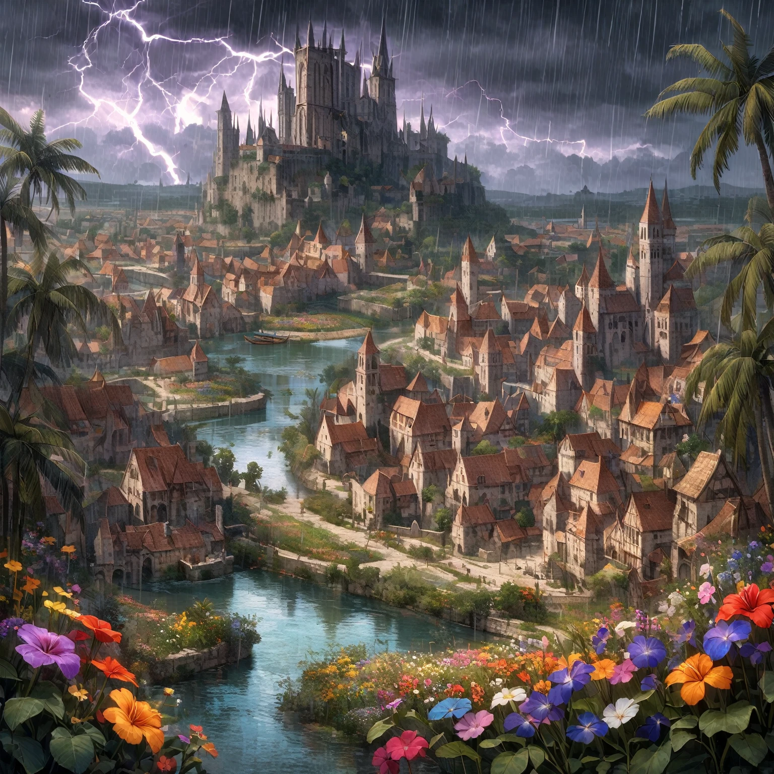 Realistic field of colorful flowers, medieval city, tropical, river, canals, palm trees, dark clouds on horizon, rain, lightning,
