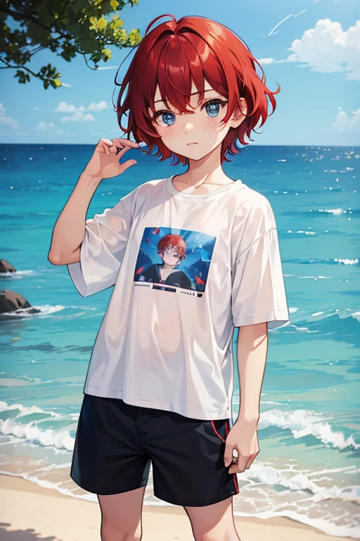 A child-sized boy with short red hair, skin fair, blue colored eyes, shots, dressed in a very large shirt and small shorts, with hair a little messy