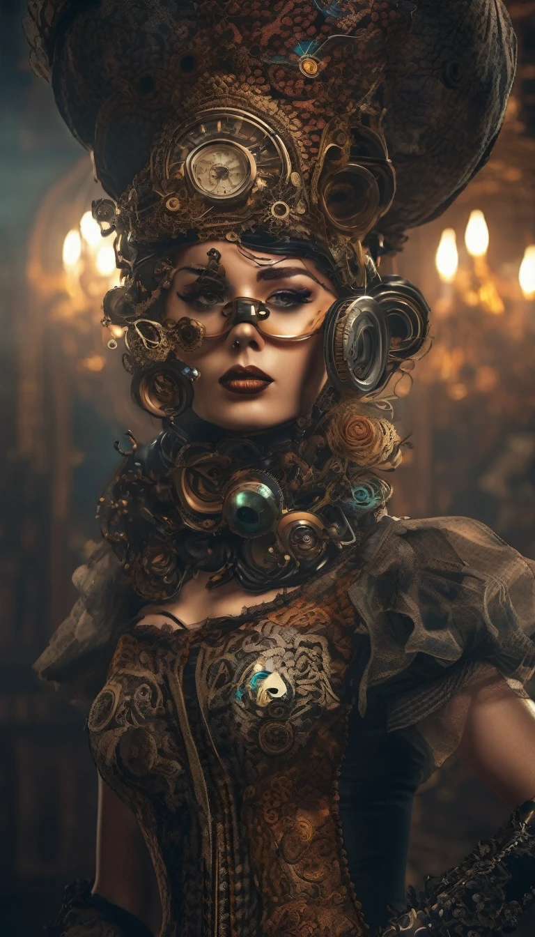 4D tattoo old style, Remington ornamented, curly fabric, clothes, Rembrandt light and shadow, 8k, vintage future mechanics, steampunk, shiny lights vivid, realism, photo abstract, smoke, mask, nice render vfx --ar 9:16 --s 963 --c 9 --q 2 -