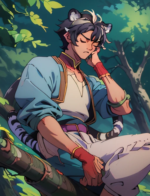 best quality, masterpiece, highres, detailed, digital illustration, FohlFayon, tiger boy, tiger tail, two-toned hair, white hair, black hair, tiger ears, jojo pose, short hair, closed eyes, upper body, forest, sleeping, leaning on tree,