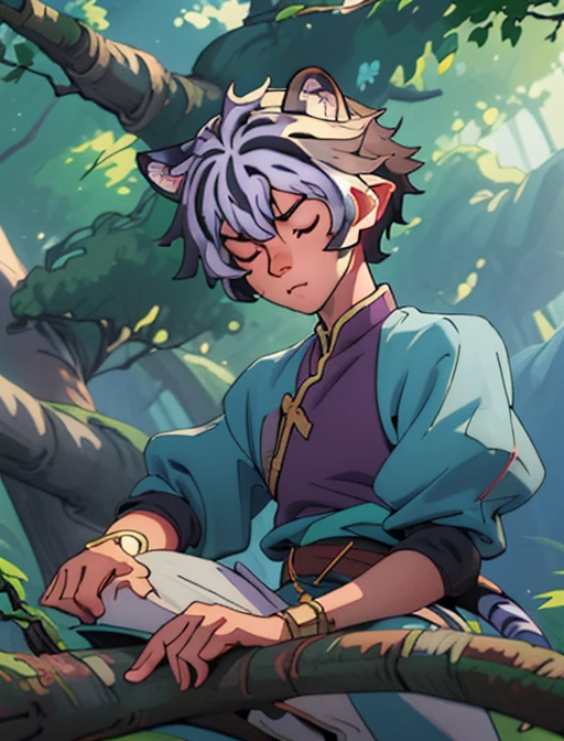 best quality, masterpiece, highres, detailed, digital illustration, FohlFayon, tiger boy, tiger tail, two-toned hair, white hair, black hair, tiger ears, jojo pose, short hair, closed eyes, upper body, forest, sleeping, leaning on tree,