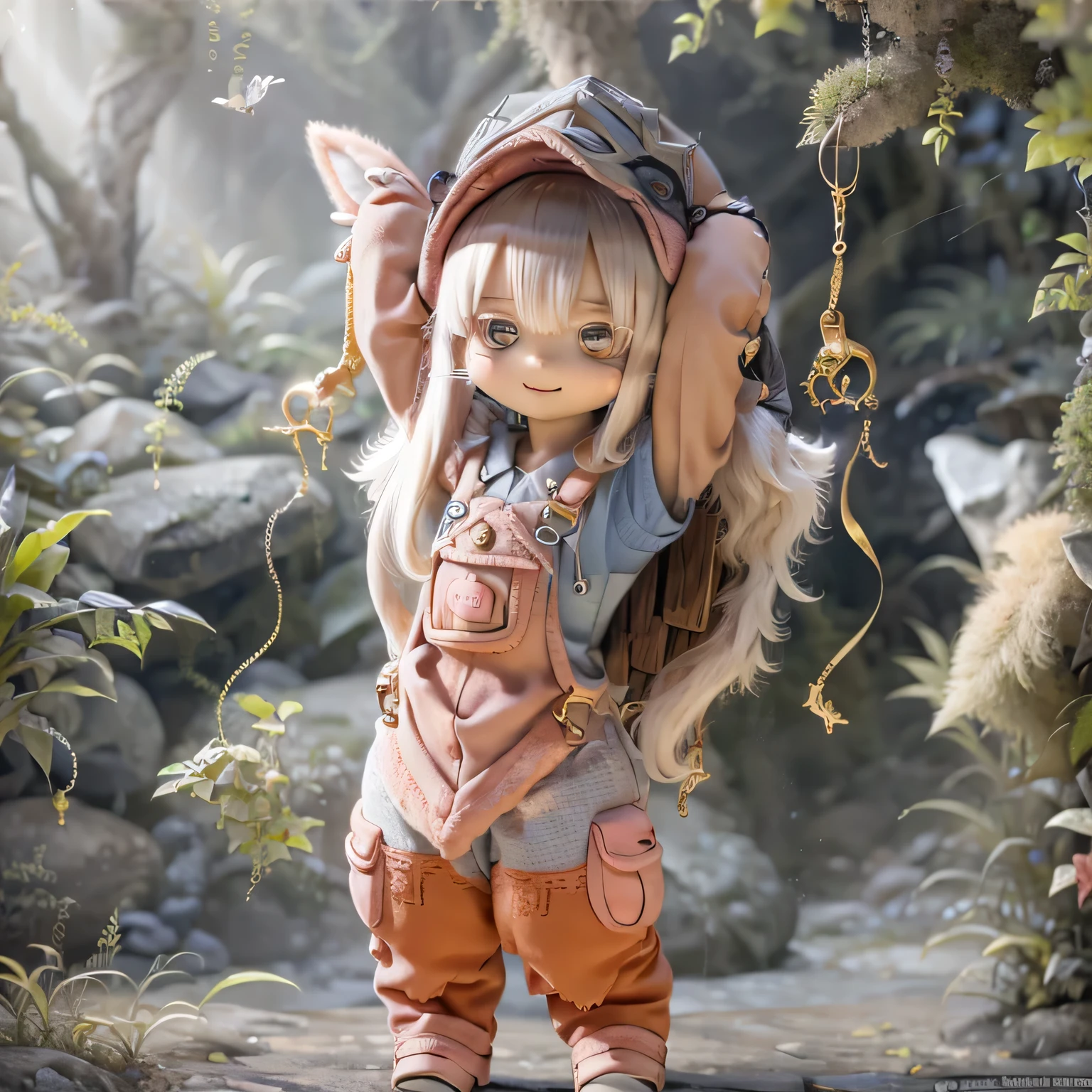 in the garden, Smiling girl, Similar to Nanachi from Made in Abyss. She is beautiful, Beautiful eyes and lips. girl (((Chibi Style,))) . Image quality is excellent, Highly detailed and realistic features. The medium of this work is、Combining illustration and photorealistic rendering.. The colors are vivid、The lighting creates a warm and bright atmosphere。Casual Full Body(((((Overalls)))))in contrast, Exposing the belly