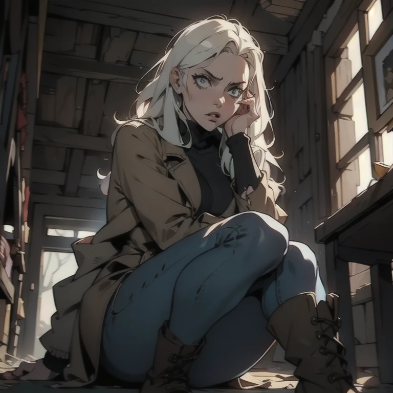 (suspense dinner ((conceptual artwork)), extremely detailed with a girl wearing jeans with a brown coat and boots), (better lighting, best shade, extremely delicate and scary), (digital illustration), ((4k pintura)), [(dynamic angle,((1 girl)),White hair, (beautiful  face, face perfect, scared,) Expression of fear, torn garments, a gun in hand, sitting on the floor, tenebrosaness, scary house),  [:(tenebrosa, uncanny, game painting, sinister scenario, uneven corridors, Big house, deadly silence):]