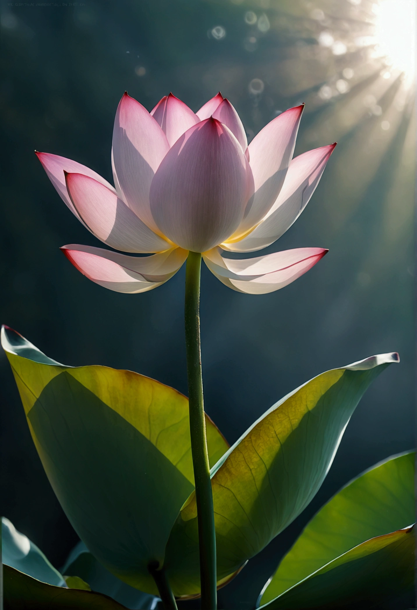 A lotus bud about to bloom,Vision,Small and elegant, Sunlight,Foggy,Ray Tracing, Realism,Ultra HD, Retina, masterpiece, precise, Super Detail,, High Detail, high quality, The award-winning, best quality, high resolution, 16K