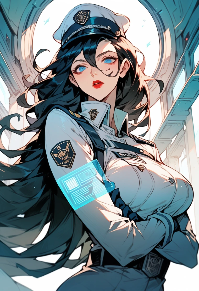(High Definition) defined face, hologram of a beautiful woman, big bust, crossing arms, long dark hair and blue eyes, pale red lips, wearing sexy tight white military officer outfit with miniskirt, standing in the middle of the bridge of a spaceship.