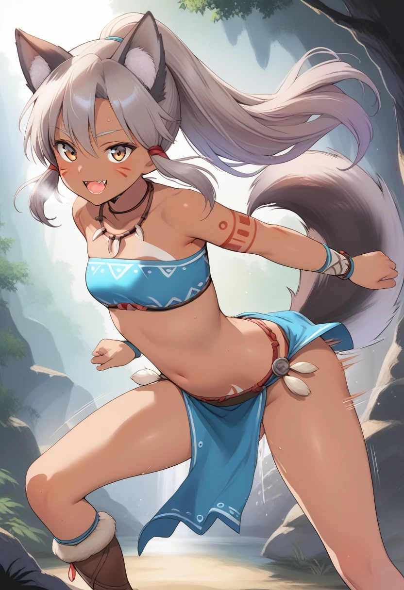 (Best Quality), (masutepiece), (super detailed), 1girl, MESUGAKI, Sharp Focus, eyesgod, brown_Eyes, up looking_viewer, Solo, Furry, animal_ear, Upface, tail, Naked, underboob, naked nipple, hand bra, naked thighs, From below, Navy blue hair, White ears, Purplish red eyes, Thick eyebrows, , dark brown skin, suntan lines