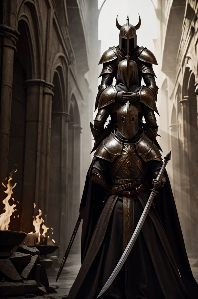Create an avant-garde painting of a Templar knight with a woman hugging him from behind while he fights demons.