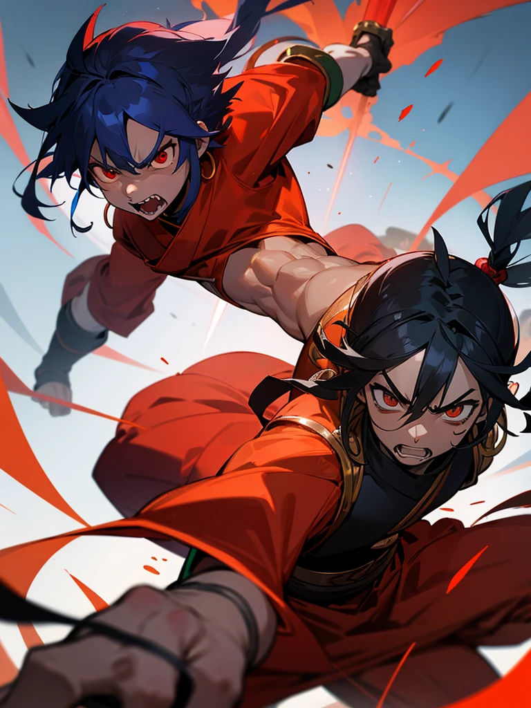 Acala, male、Red earth clothing、Blue-black skin、Angry expression、Has a sharp sword、Lasso Rope、tooth、Black pigtail