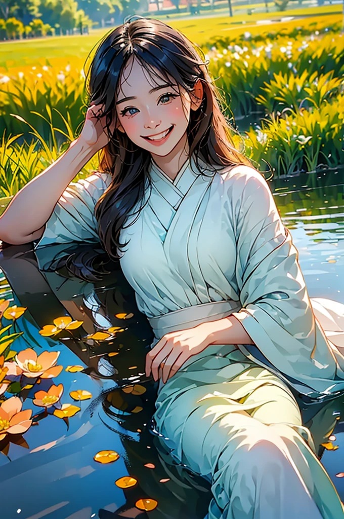 (in 8K、top-quality、​masterpiece:1.2)、One woman、(Smiling smile:1.1)、beautidful eyes、Valley、The upper part of the body、length hair、Like a boy、Longhaire、Green View、