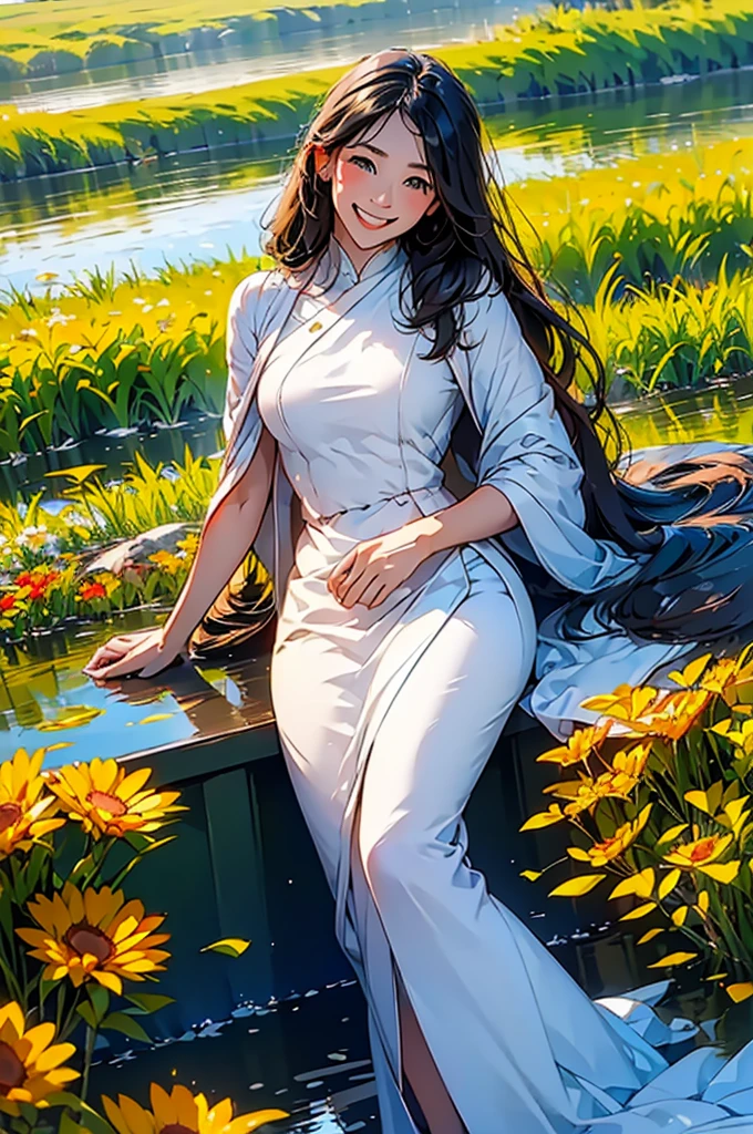 (in 8K、top-quality、masterpiece:1.2)、One woman、(Smiling smile:1.1)、beautidful eyes、Valley、The upper part of the body、length hair、Like a boy、Longhaire、Green View、