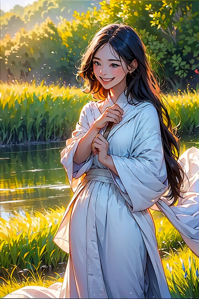 (in 8K、top-quality、masterpiece:1.2)、One woman、(Smiling smile:1.1)、beautidful eyes、Valley、The upper part of the body、length hair、Like a boy、Longhaire、Green View、