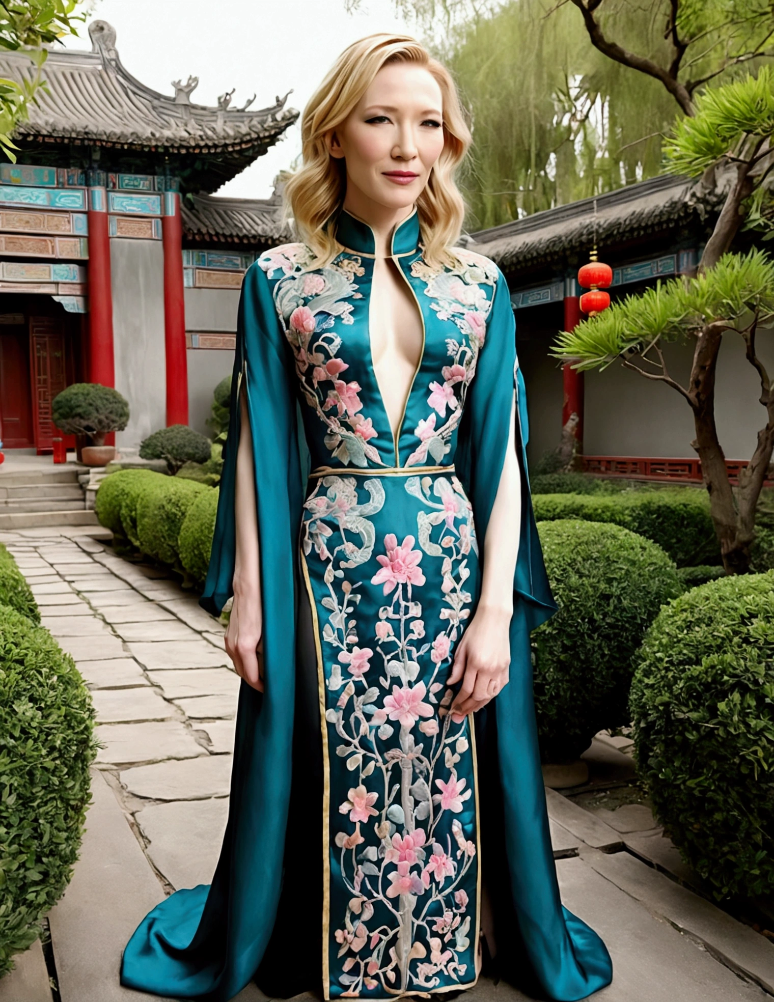 1 woman (Cate Blanchett, age 25, intricate silk Chinese dress with lots of embroidery sheer with several large slits, no underwear, traditional hairstyle and Chinese makeup) wandering through a palace garden
