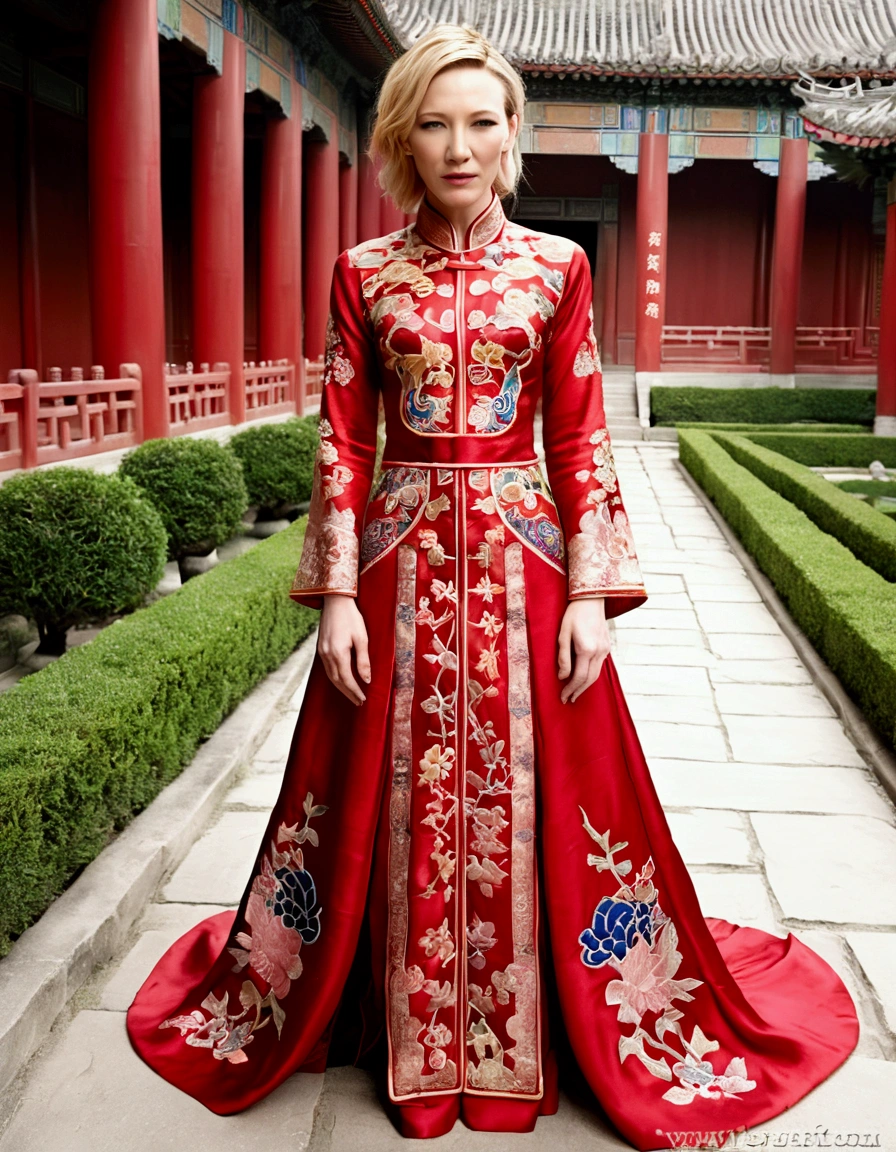 1 woman (Cate Blanchett, age 25, intricate silk Chinese dress with lots of embroidery sheer with several large slits, no underwear, traditional hairstyle and Chinese makeup) wandering through a palace garden
