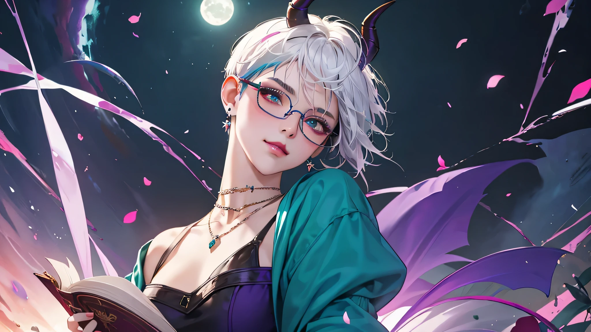 8k, masterpiece, best quality, highly detailed, 1 girl, tiefling, warlock, pixie cut, multicolored hair, very short straight hair green highlight hair on white hair, strippled hair, wearing glasses, round glasses, sexy, earrings, navel piercing, red eyeshadow, long eyelashes, blushed cheek, red lips, necklace, rings, collarbone, mole on face, glamorous, teal clothing, purple clothes, smirk, close up view, rings, looking at viewer, demon horns, solo, forest, blue pale moon, standing, royal dress, wearing crown, devil books