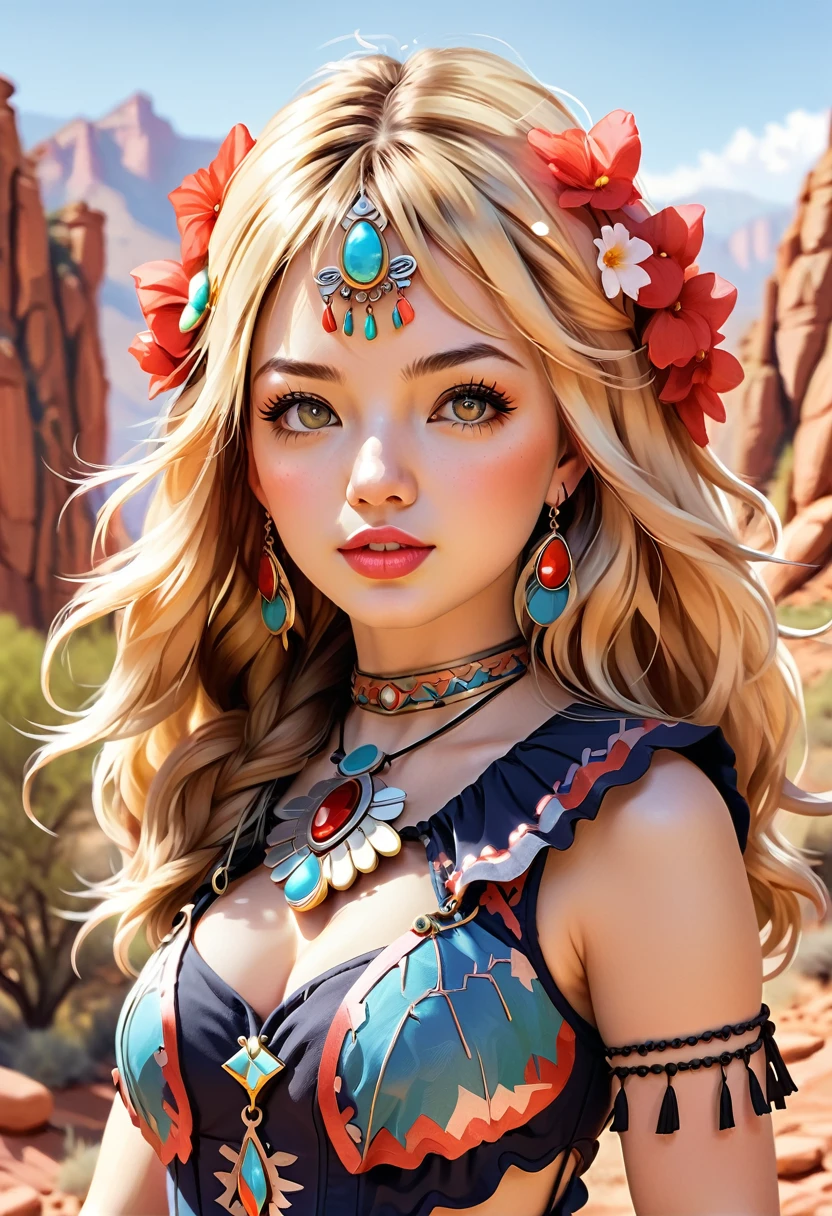 Beautiful boho women stunning merge of Masiela Lusha with colorful southwestern style dress. colorful southwestern earing and. jewelry, blond colored hair that is coarse, wiry, and tightly curled. It often has a rough texture, feels stiff to the touch, and may be prone to frizz and tangling. The curls can be densely packed. The Official Art – An Award-Winning Digital Masterpiece In 4K Ultra HD, Extreme Detail And Intricate Realism. symmetrical face. This Concept Art Brought To Life By The Hands Of Artists Like Wlop & Artgerm In A Stunning 2D Vector Illustration. large, perky, full, vuluptious, symmetrical and spherical breasts. Background is a beautiful panoramic vista of a red rock canyon.
