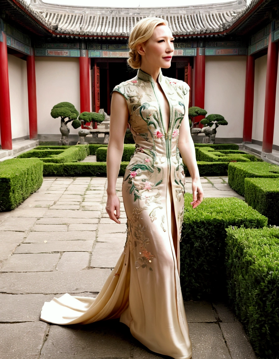 1 woman (Cate Blanchett, age 25, intricate silk Chinese dress with lots of embroidery sheer with several large slits, no underwear, traditional hairstyle and Chinese makeup) wandering through a palace garden
