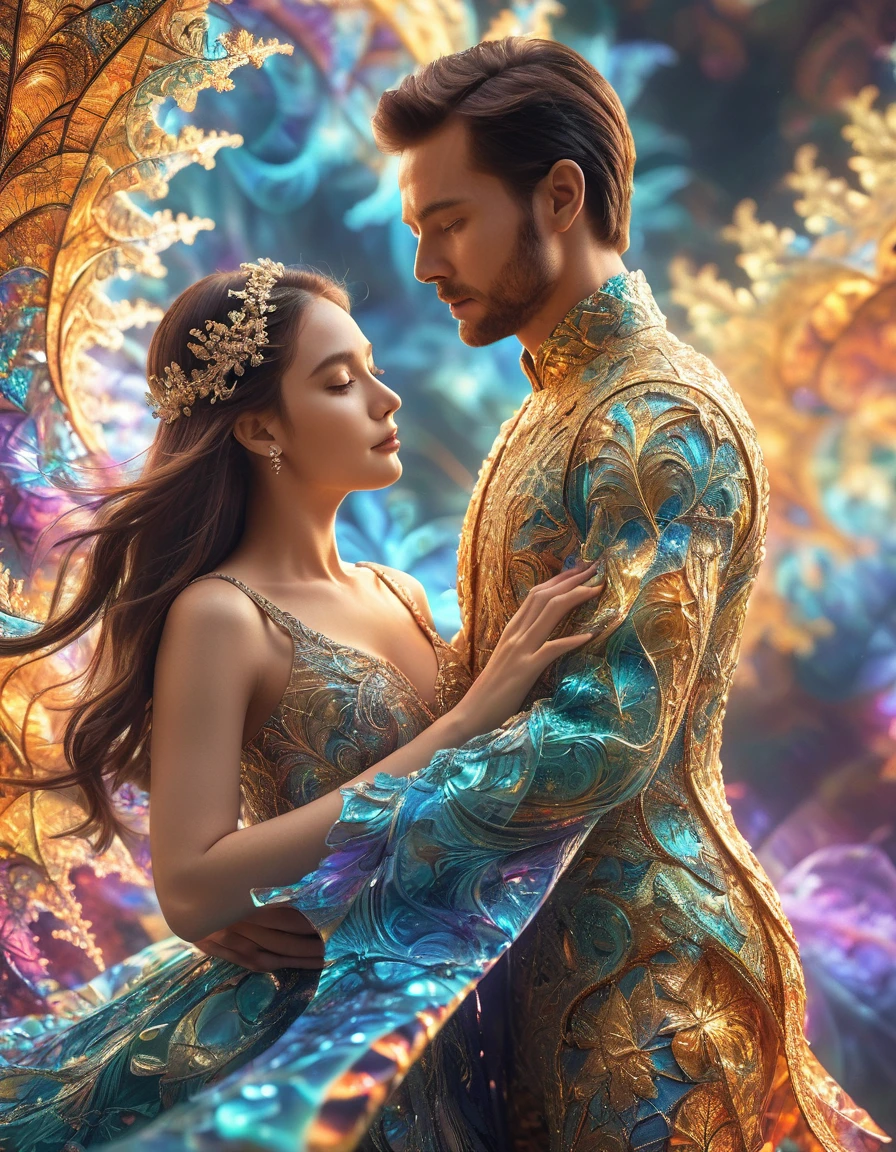 a glowing fractal couple, 1girl and 1man, intricate bling bling details, motion blurred, highly detailed, dynamic composition, professional illustration, cinematic lighting, vibrant colors, photorealistic, 8k, (best quality:1.2), (realistic:1.37)