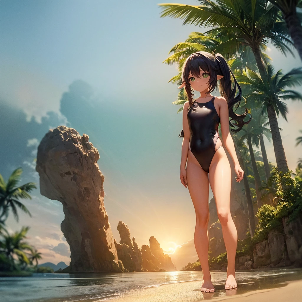 An image of the character Nahida standing on the beach in a fashionable swimsuit. The sun set behind it, creating a beautiful silhouette around it. Nahida smiled, hair blowing in the sea breeze, and water waves hitting her feet. Around it there is white sand and towering coconut trees. Make this picture a stunning sight!