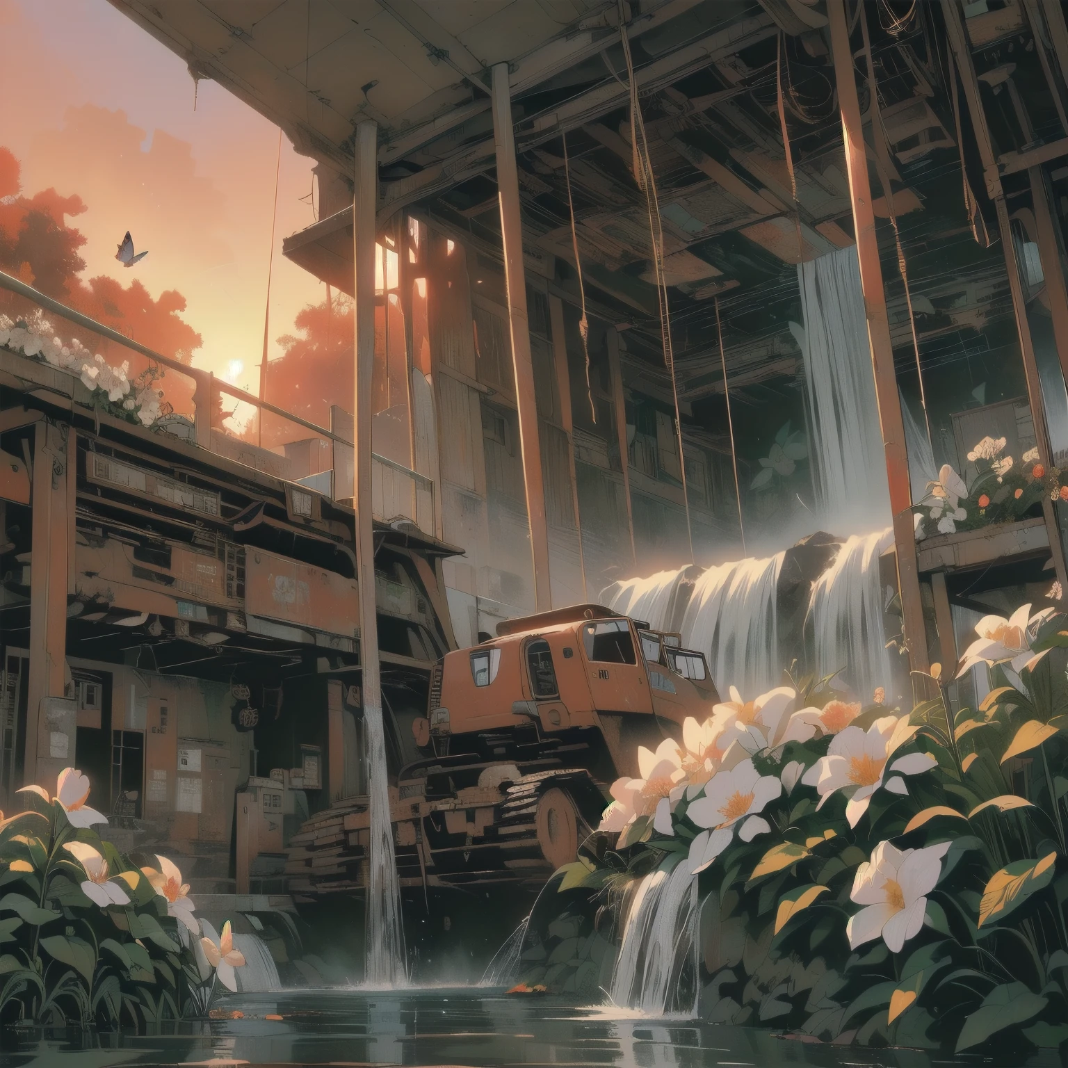 (((masterpiece, Highest quality)))、(((32K Wallpapers)))、Detailed Machinery、Abandoned Factory、Atrium、(((White Flower Field)))、(((Rusty red heavy machinery)))、Gorgeous light leaks、(((fog)))、Detailed Background、Highest quality、(((No humans)))、Collapsed heavy machinery、Complex heavy machinery、Faint lighting、sunset、(((Very dull color)))、(((Detailed rusty heavy machinery)))、(((Many white flowers fall)))、(((Rusty heavy machinery covered in flowers)))、(((Lots of butterflies)))、(((Abandoned garage)))、(((Submersion)))、(((Waterfall from the ceiling)))、(((Waterfall falls on heavy machinery))))、(((Red sunset)))、(((Detailed waterfall and water)))、(((Heavy machinery close-up)))