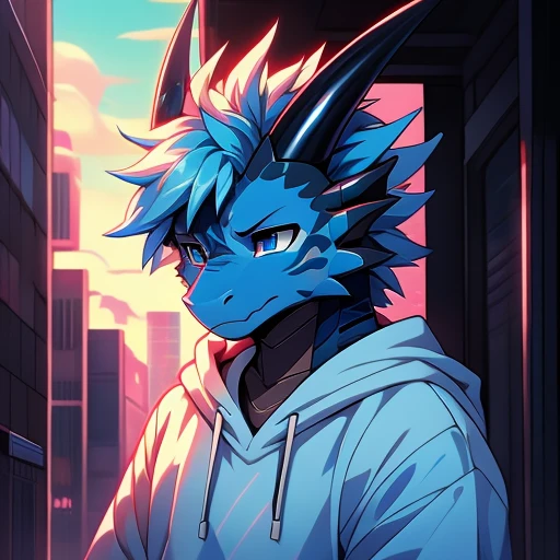 a furry den dragon with black and blue scales and blue-tipped horns, blue colored eyes, wearing a sweater with vaporwave colors ((with a tired face)) (arte anime)