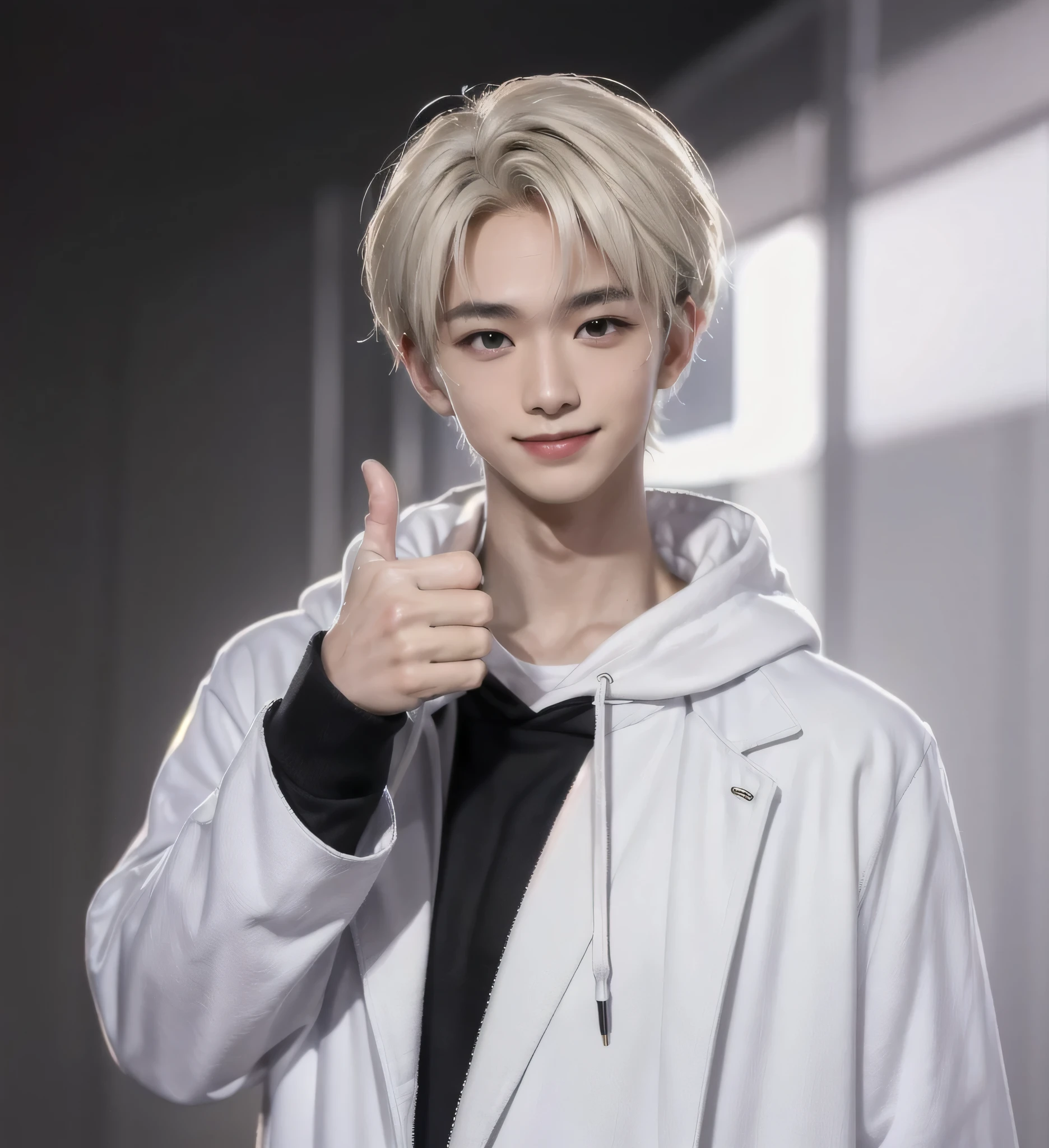 (Realistic:1.2), (Thumbs up:1.4),(smile:1.4), (Facial Detail:1.3), (Hand Detail:1.3),Black sleeves, (Anatomically Correct Hand:1.2), Handsome Young Asian Man, Japanese Idol Style, Clean Short Hair Cut, ((Center Part)), (Crisp White White Coat:1.3), ((Under black hoodie:1.2)), (black pants:1.2), (black leather shoes:1. 2)), background: plain white, middle shot, full body image, high quality, detailed, 8K, (realistic skin texture:1.2), (sharp focus:1.1), (contrast between white and black clothes:1.2)